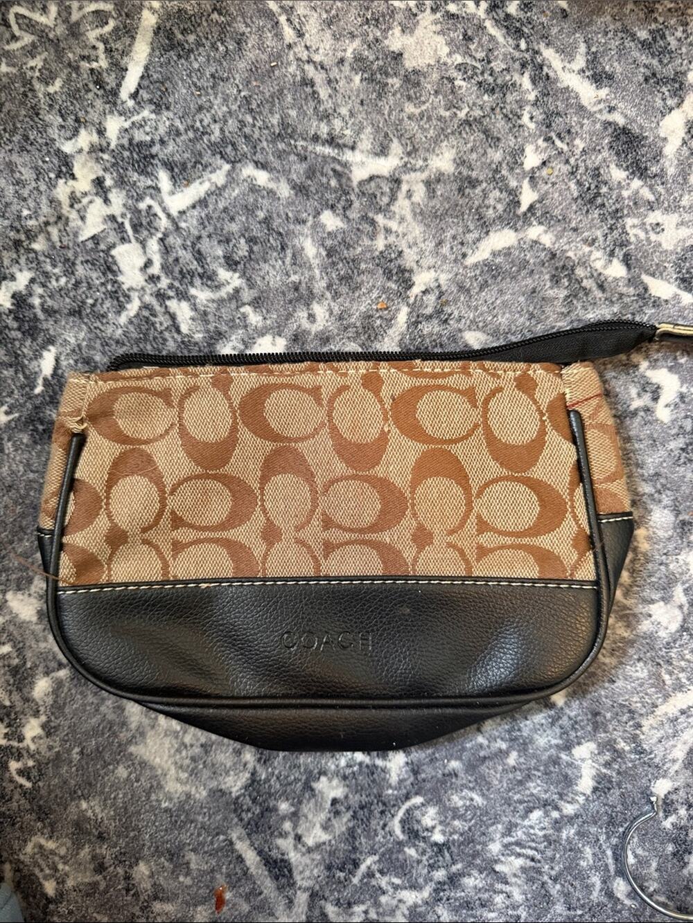 Vintage Coach Signature Monogram Canvas & Black Leather Zip Pouch Wristlet Y2K